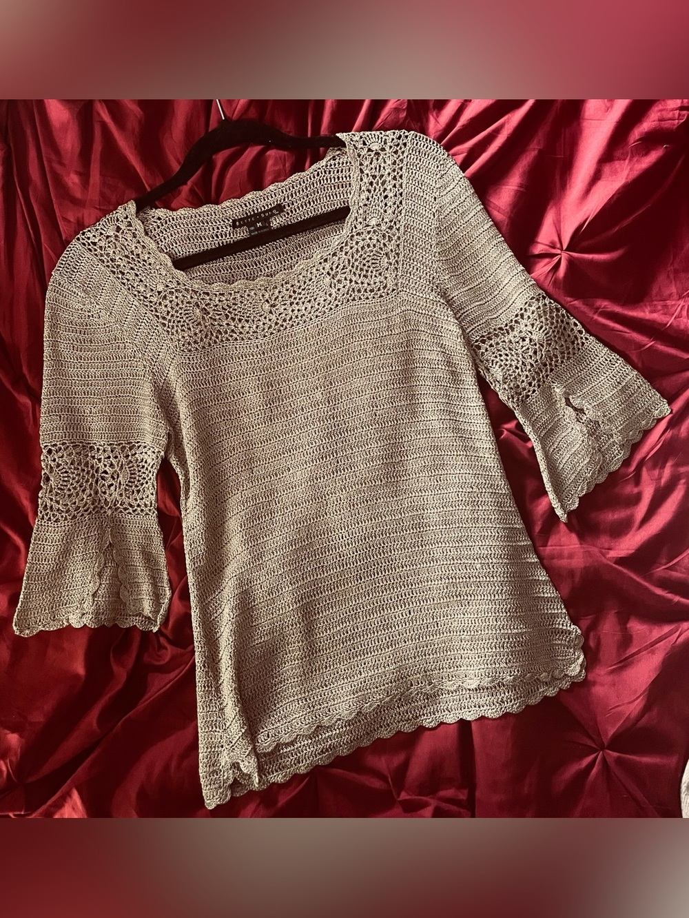 Bette Sung Boho Crochet Bell Sleeve Top M Taupe 100% Viscose Coastal Cottagecore